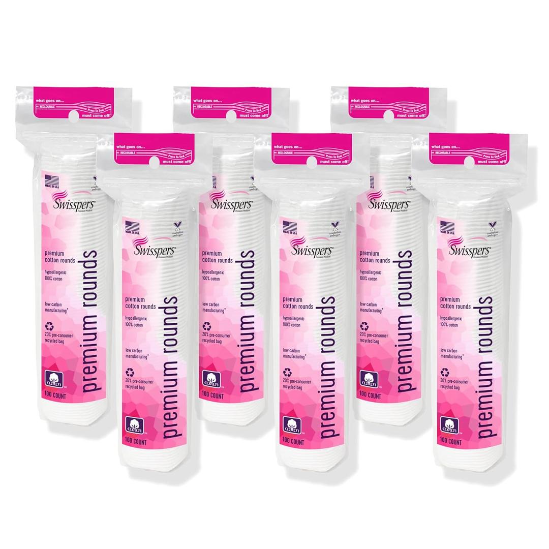 Swisspers Premium Cotton Rounds, Dual Sided Pads - 100 Pads (Pack of 6) - 100% Pure Chlorine-Free Cotton, Hypoallergenic & Dermotologist Tested - Cotton Pads for Makeup & Nail Polish Removal (Ultra Soft)