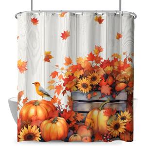 Fall Sunflower Shower Curtain Pumpkin Autumn Harvest Shower Curtain for Bathroom Rustic Maple Leaves Thanksgiving Bird Floral Shower Curtains with Hooks for Farmhouse Bath Decor 72"x72"