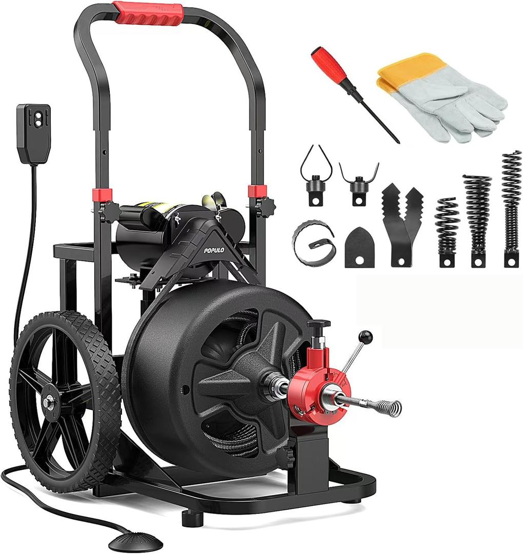 POPULO Auto Feed 100 FT1/2" Electric Drain Snake With Mobile 12 Wheel,700W Drain Auger Includes 8 Cutters Suitable For 2-4 Pipes,Extra Long Cable Wide Drain Range Suitable for Various Scenarios