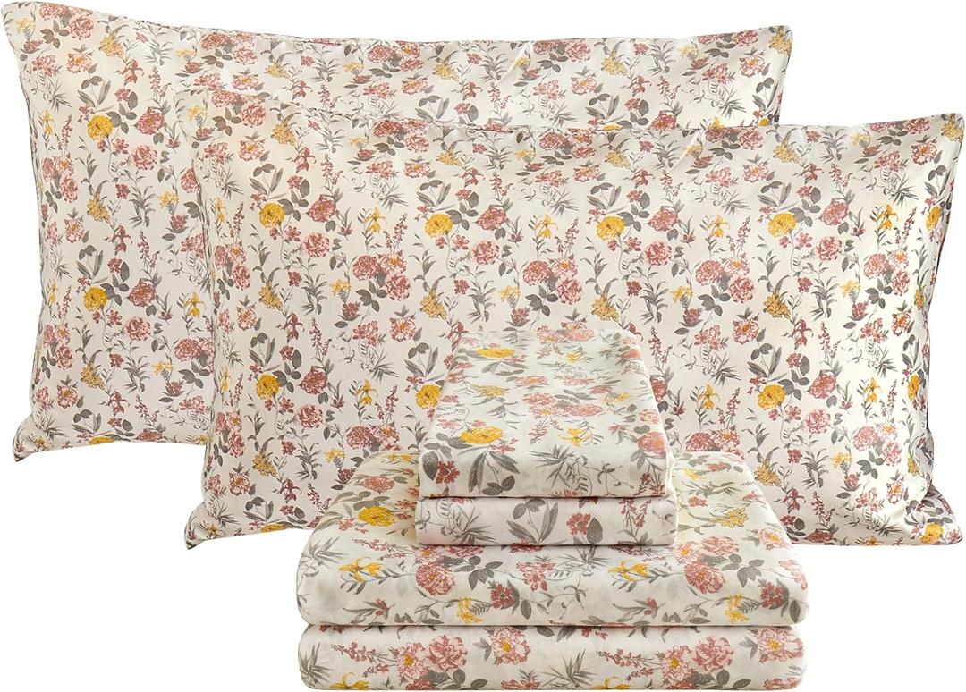 Viviland Floral King Sheet Set - 4 Piece Vintage Pink & Yellow Flower Patterned Bed Sheets - Soft, Breathable Microfiber Sheets with Deep Pocket, Non-Slip Fitted Sheets & Pillowcases