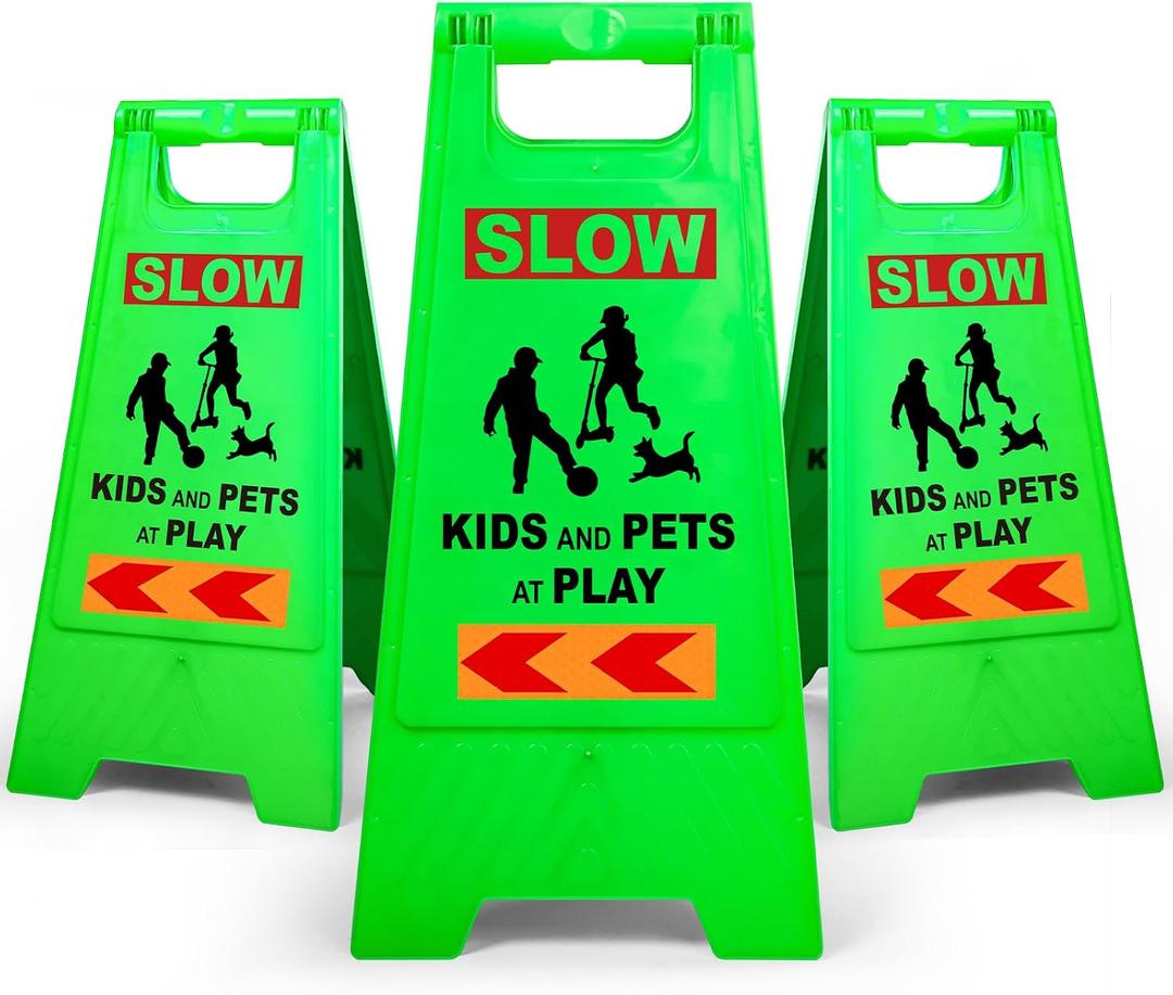 XPCARE 24 Inches Kids Playing Sign for Street, 3PACK Green Children at Play Safety Sign with Reflective Tapes,Caution Slow Down for Street,Kids and Pets at Play Warning Signs