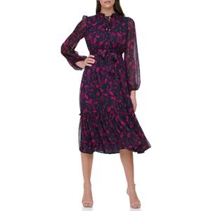 Tommy Hilfiger Women's Chiffon Long Sleeve Midi Dress, Sky Captain/Magenta, 8