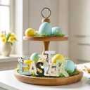 5 x Shzbtdo Easter Decorations for Home, Farmhouse Table Wooden Bunny Mantel Decors, Indoor Easter Sign Decor for Tiered Tray Decor