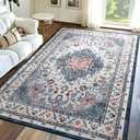 6x9 Washable Area Rugs, Large Non-Slip Vintage Rugs for Living Room, Low Pile Floral Distressed Indoor Rugs, Print Carpet Rug for Bedroom Kids Playroom Dining Room Decor, Blue/Beige