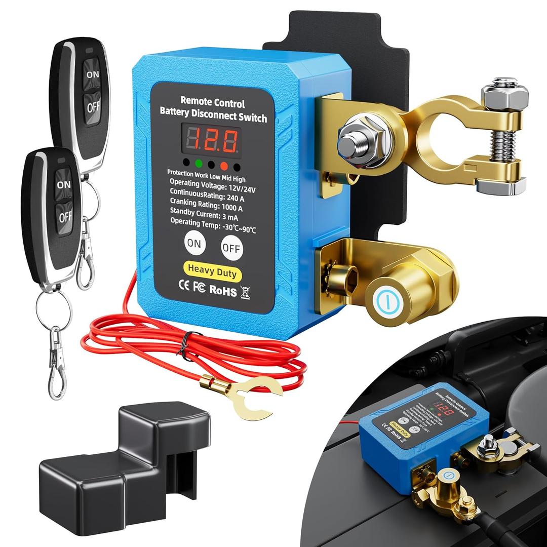 RVBOATPAT 240A Kill Switch 12V Remote Battery Disconnect Switch with Led Voltage Display Automatic Power Shut Off Switch Anti Theft for Auto Car Truck Boat