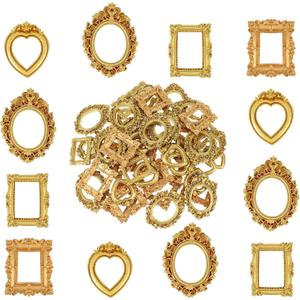 90 Pcs Vintage Mini Picture Frames, Small Gold Resin Picture Frame Baroque Antique Resin Jewelry Frame Oval Square Heart Miniature Display Table Wall Hanging Frames for Home Wedding Christmas Decor