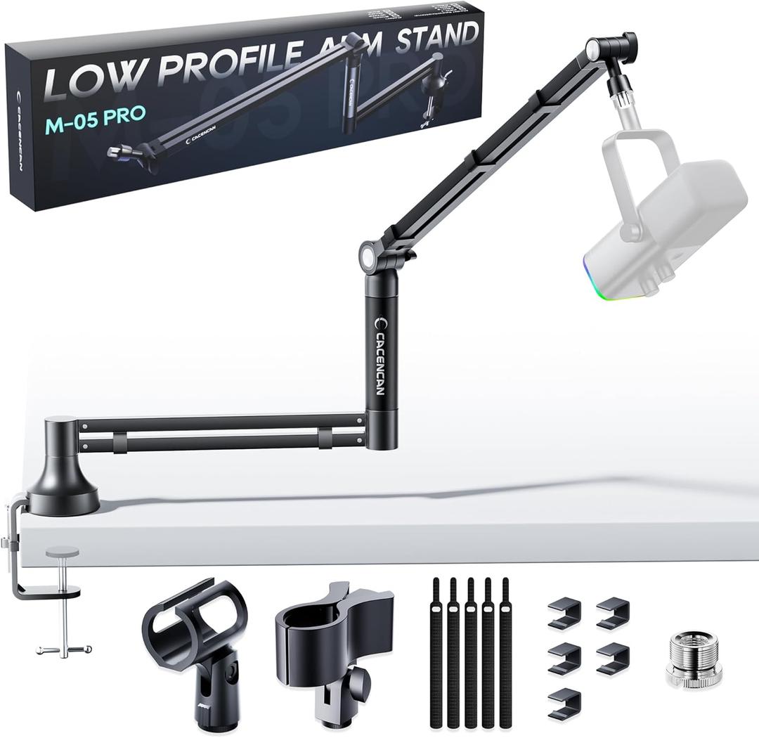 Low Profile Mic Arm, 360 Rotatable Microphone Boom Arm Mic Stand for Fifine AM8 K669B Blue Yeti HyperX shure sm7b SoloCast AT2020, with Mic Clip 3/8" to 5/8", Black