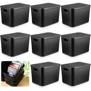 Hoolerry 8 Pieces Colorful Storage Bins with Lid, Plastic Storage Basket Organizing Container Stackable Box with Handle for Shelves Desktop Playroom Office(14.2 x 10.2 x 9.5 Inch,Black)