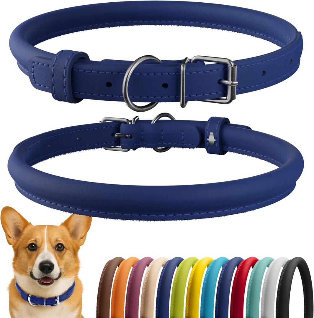 CollarDirect Rolled Leather Dog Collar, Soft Padded Round Puppy Collar, Handmade Genuine Leather Collar Dog Small Large Cat Collars (11-14 Inch, Deep Blue Smooth)