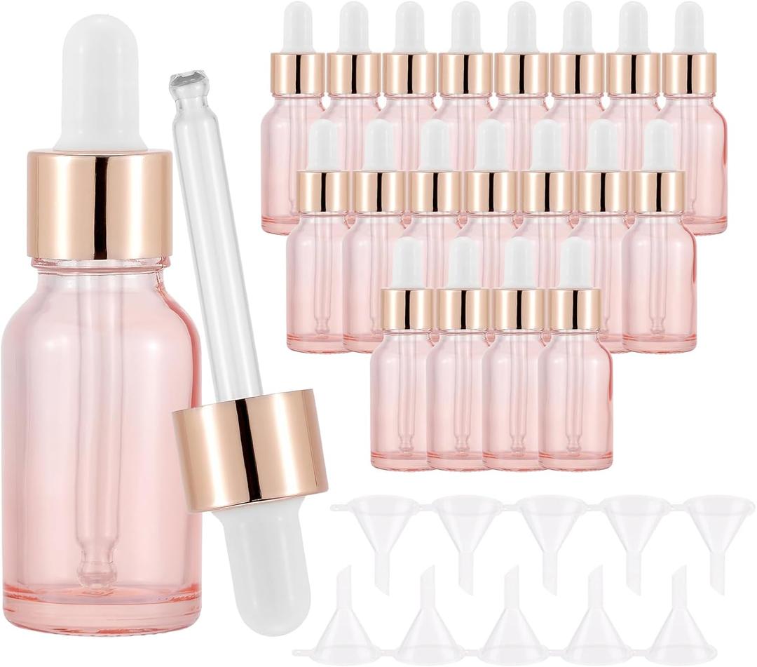 JIUWU 20 Pack 15ml Dropper Bottle with 10 Funnel, Pink Glass Eye Dropper Bottle for Essential Oils and Perfumes, Leak Proof Travel Vials