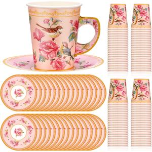Rtteri 100pcs Tea Party Decorations 9 oz Paper Tea Cup and Saucers Set Includes 50pcs Disposable Cups 50pcs Party Plate Pink Floral Decorations for Women Nurse Wedding Birthday Princess Baby Shower