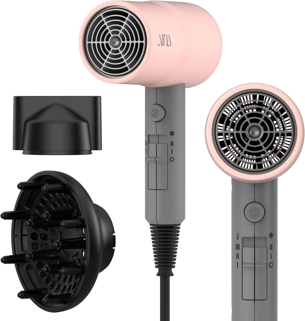 AINA Hair Dryer with Diffuser, Blow Dryer for Women | Advanced Ionic Technology, Ceramic Coating | Cold Shot Features Turbo Heat for Fast Drying and Shine 110V/ALCI (Misty Blush)