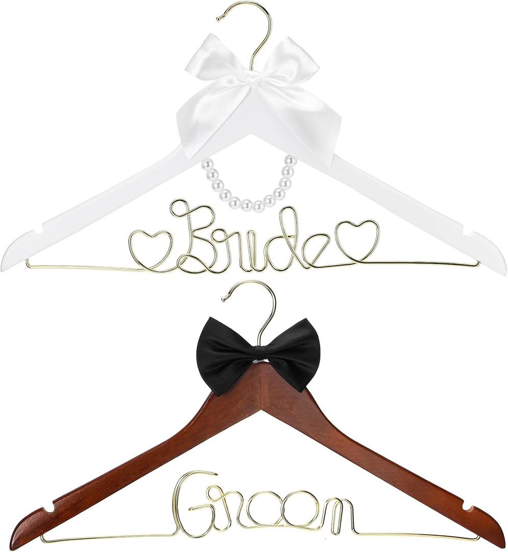 Beeveer 2 Pcs Bride Hanger for Wedding Dress Bride and Groom Wooden Wedding Dress Hanger Set with Bow Tie for Tuxedo Suit Gift Bridal Party Shower