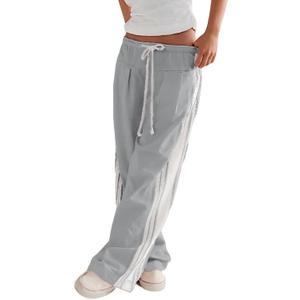 Hongsui Women's Wide Leg Pants Drawstring High Rise Side Striped Slouchy Palazzo Pants with Pockets (Gray, S)