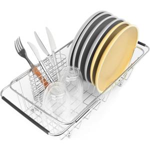 Sink Dish Drainer Rack, Expandable 304 Stainless Steel Dish Drying Rack Organizer with Stainless Steel Utensil Rack, Adjustable 14.96" to 20.59" Inside The Sink (up to 7 Upright Utensils).