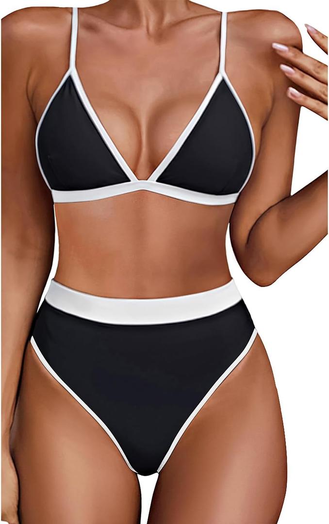 Aqua Eve Triangle High Waisted Bikini Set for Women Two Piece Bathing Suits Color Block Swimsuits (X-Large, Black White)