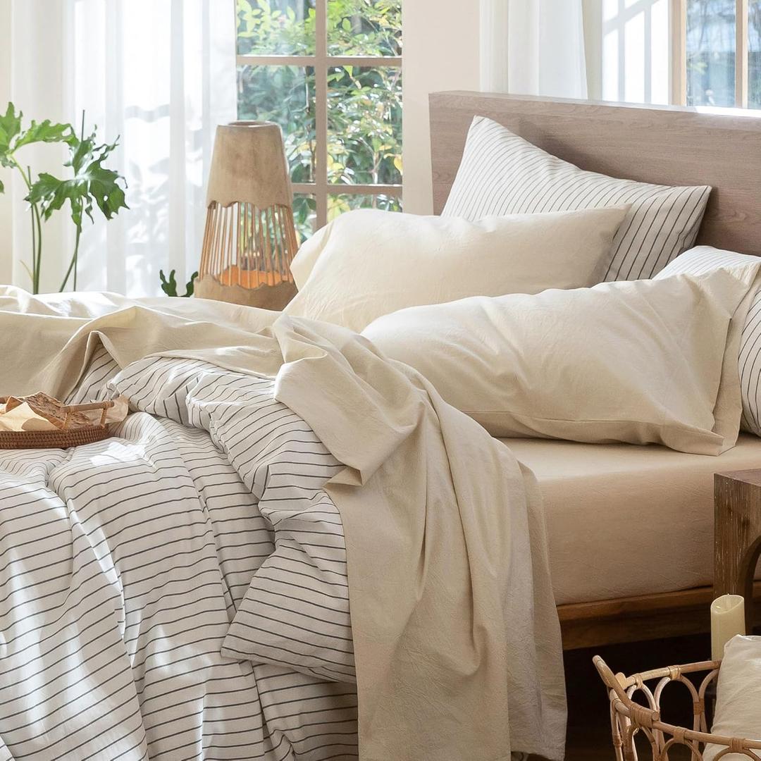 MooMee Bedding Sheet Set 100% Washed Cotton Linen Like Textured Breathable Durable Soft Comfy (Heathered Almond Milk Grey, Full)