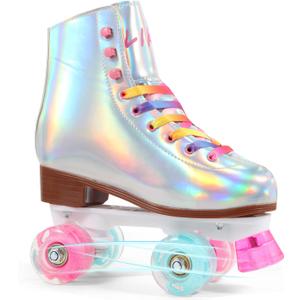 LIKU Quad Roller Skates for Girl and Women with All Wheel Light Up,Indoor/Outdoor Lace-Up Fun Illuminating Roller Skate for Kid (J12-J13, Shiny)