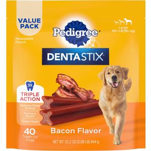 Pedigree Dentastix Large Breed Dog Treats, Bacon Flavor, 2.08 lb. Bag (40 Treats) (EXP 08/11/25)