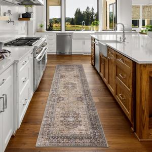 DECOMALL Runner Rug for Hallway Kitchen, Washable Long Rugs Brown, Bohemian Vintage Foldable Carpet for Entryway Entrance, 2'6"x9'