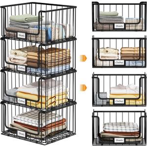 4-Tier Stackable Closet Organizers and Storage, Clothes Shelf Organizer, Foldable Wire Basket Bins, Sweater Storage for Closet and Pantry,11.8" D x 15.7" W, Black