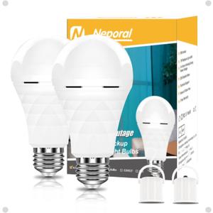 Neporal A19 Rechargeable Light Bulbs, Socket Rechargeable Emergency Light Bulb for Power Failure, 1200mAh Battery Backup Light Bulbs for Home, Hurricane, Led Bulb 60 Watt Equiv. (Daylight-2 PK) (White)