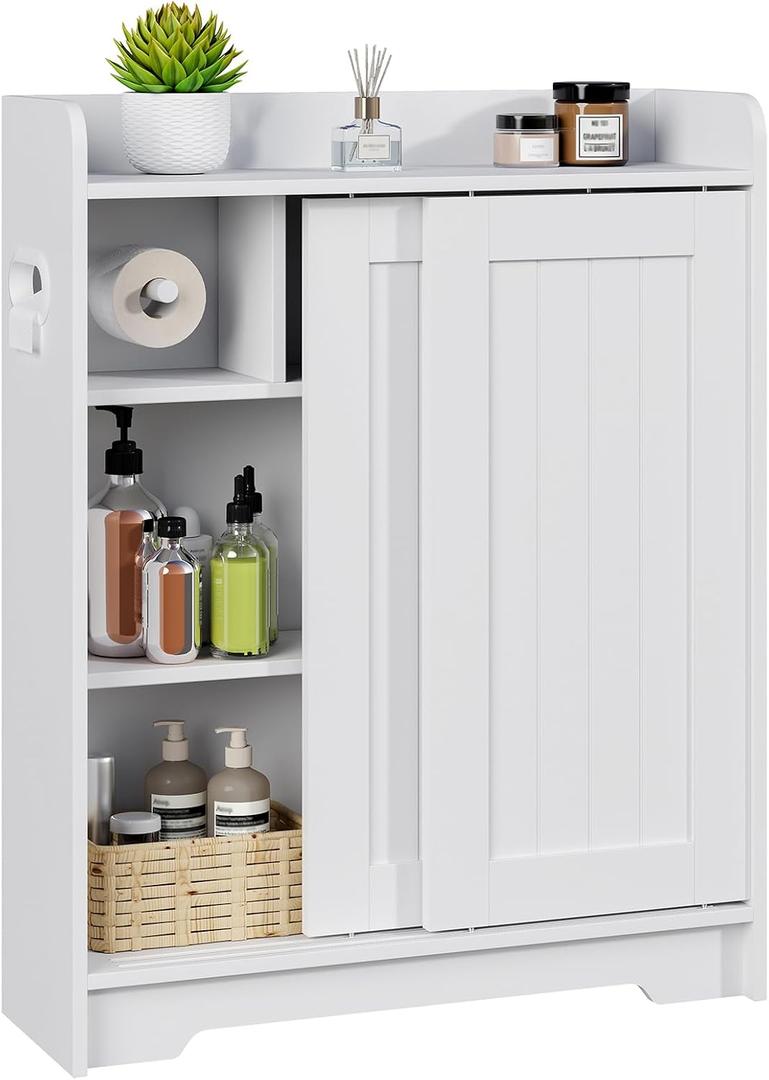 Bathroom Floor Cabinets, Slim Bathroom Storage Cabinet with Sliding Door, Ideal for Toilet Paper Holder, Adjustable Shelves, Next to Toilet Solid Cabinet for Bathroom,Kitchen,White, 7.87"D x 23.6"W x 29.5"H