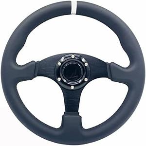 13inch/330mm White Stripe Racing Steering Wheel Genuine Leather and Aluminum Frame 6 Bolt Flat Bottom Steering Wheel for Racing/Car Sim Driving