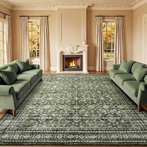 Lofus 9x12 Area Rug for Living Room,Green Washable Large Rugs with Non-Slip Backing,Soft Boho Carpets for Bedroom Dining Room Home Office Indoor Nursery