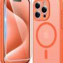 FNTCASE for iPhone 15 Pro Case: Matte Magnetic Phone Cases with Screen Protector Compatible with Magsafe Slim Anti Yellowing Rugged Shockproof Protective Translucent Cell Phone Cover (C-Orange)