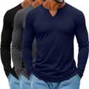 Ficerd 3 Pack Men's Big and Tall V Neck Shirts Cotton Long Sleeve Tops Plus Size Lightweight T-Shirts Casual Basic Tees (X-Large, Black, Dark Gray, Navy Blue)