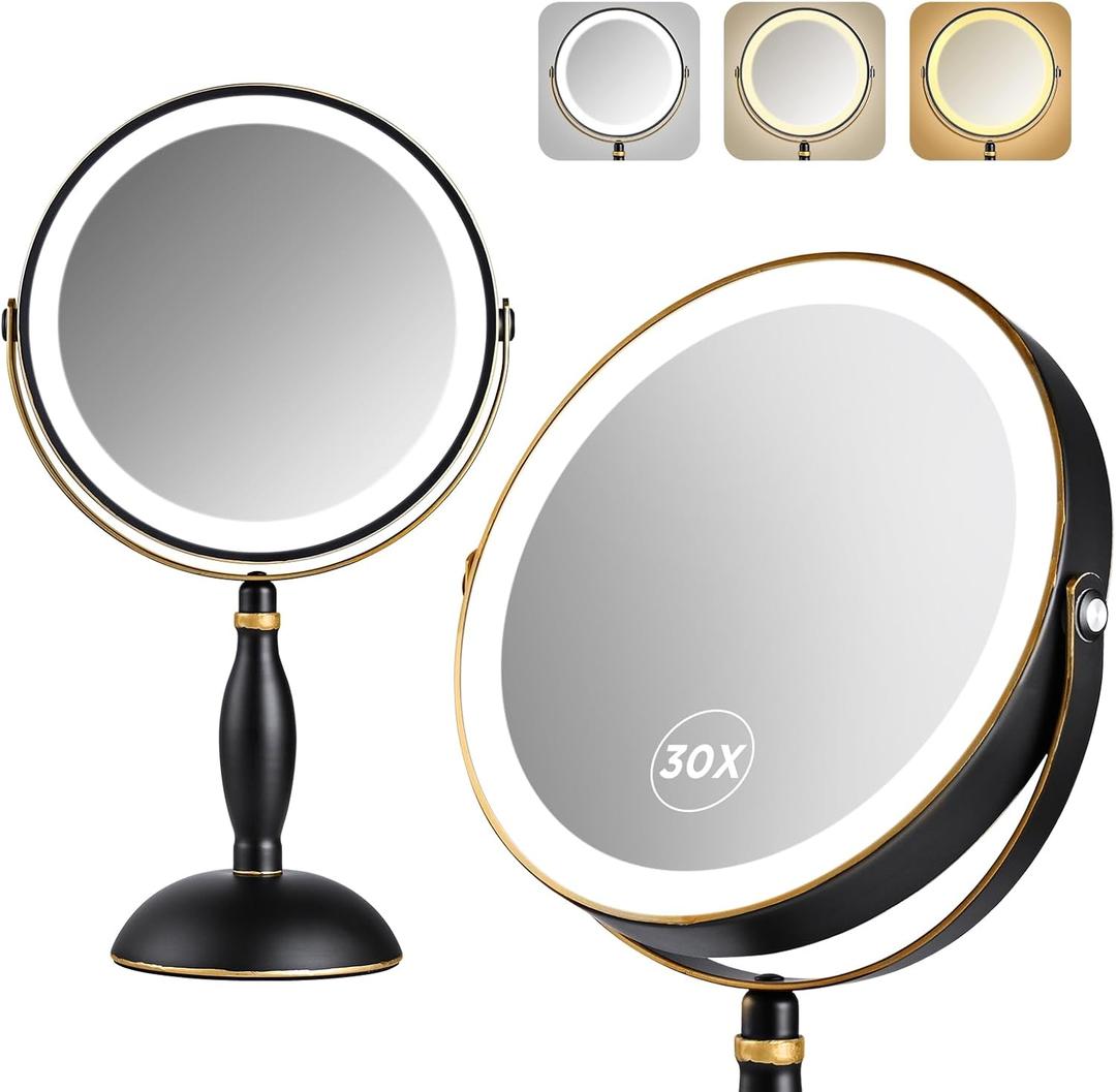 30x Magnifying Mirror with Light, Matte Black with Gold Trim, Makeup Mirror with 3 Color Lights & Brightness Adjustable, 5000mAh Rechargeable Vanity Mirror, Modern Style Side Touch + Side Charge