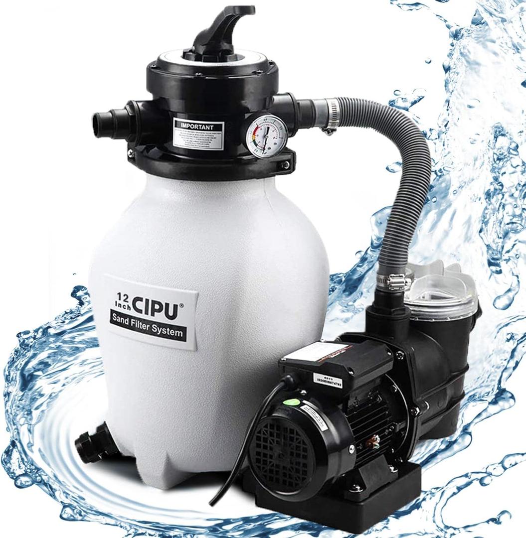 CIPU 12-inch Sand Filter Pump System Handy 4-Way Valve for Above Ground Swimming Pools with Prefilter Pool Pump 115V 6-Foot Cord to Easy Installation SFPS12501