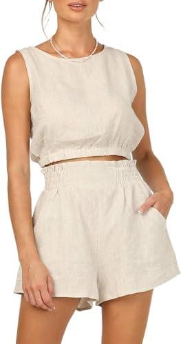Eurivicy Women's 2pcs Summer Outfits Sleeveless Crop Tank Top and High Waist Pocketed Shorts Loose 2 Piece Short Sets L