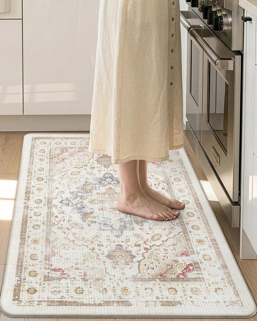DEXI Kitchen Mats for Floor Cushioned, 23x35 Wide Runner Rug Non Slip, Waterproof Soft Comfort Standing Padded Anti Fatigue Decorative, Light Beige