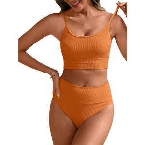 ANRABESS Women High Waisted Bikini Sets Color Block Summer Beach Vacation 2 Piece Bathing Suit Tummy Control Ribbed Swimsuit (Medium, Orange)