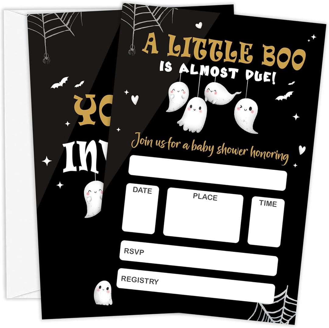 2 x Baby Shower Invitations, 4" x 6" Halloween Baby Shower Invites with Envelopes, Spooky Ghost Gender Reveal Party Decorations Supplies - B09