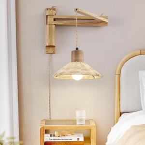 Wood Plug in Wall Sconces, Swing Arm Wall Lamp with Dimmable On Off Switch, Vintage Wall Mounted Light Fixture with Cord for Bedroom Nightstand Bedside Reading Lamp - Bulb Included (Two Brown Bamboo)