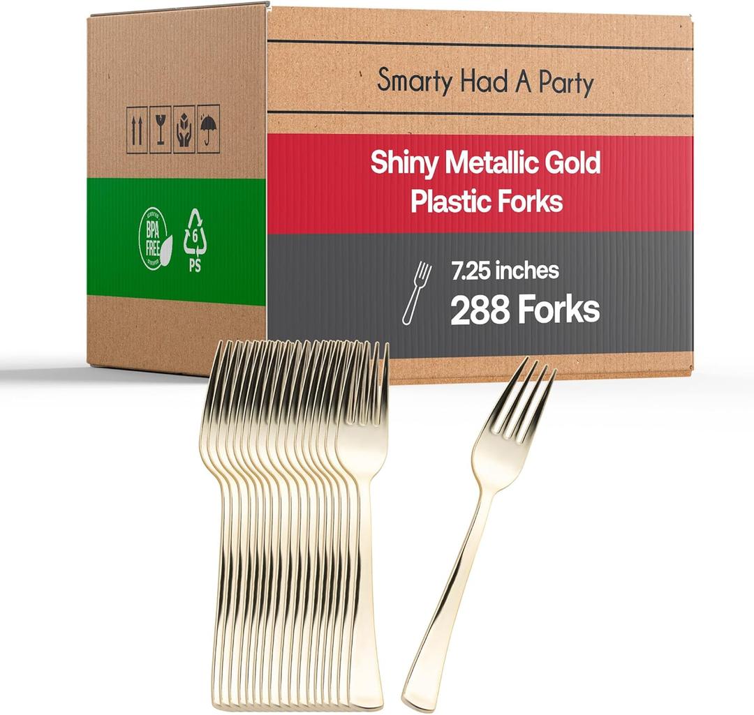 Smarty Had A Party Plastic Forks Heavyweight 288 Pcs, Disposable Fancy Gold Silverware Plastic Fork Set, Heavy Duty Bulk Party Pack Cutlery Flatware Utensil For Wedding, Thanksgiving, Birthday & More
