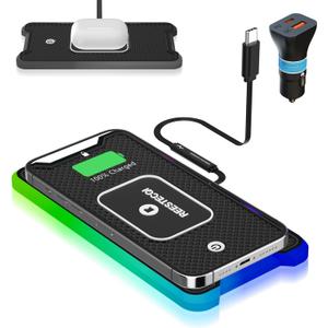 Wireless Car Charger Pad, REESTECQI 15W RGB Wireless Charger for Car Type C Non Slip Charging Pad for Car Compatible with Airpods iPhone 16/15/14/13/12,Samsung Google (30CM Cable)