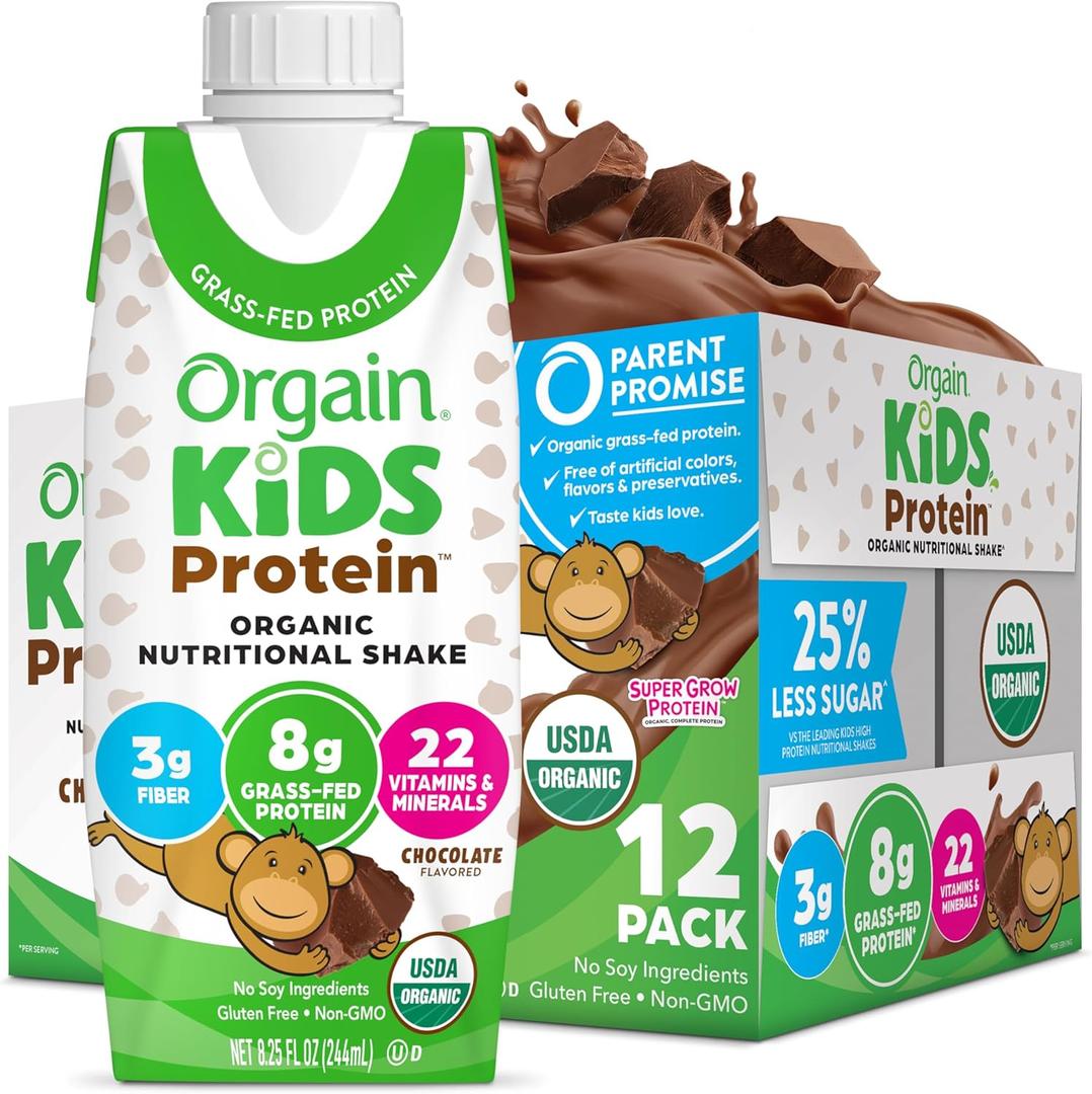 Orgain Organic Kids Nutritional Protein Shake, Chocolate, Healthy Kids Snacks, 8g Dairy Protein, 3g Fiber, 22 Vitamins & Minerals, No Soy Ingredients, Gluten Free, Non-GMO, 8.25 Fl Oz (Pack of 12) (EXP 02/02/26)