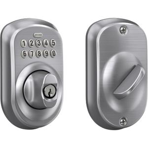Schlage Plymouth Electronic Keypad Deadbolt Lock, Keyless Front Door Entry, Mechanical Key Backup Included, Satin Chrome, BE365 PLY 626