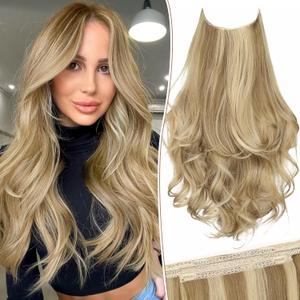 KooKaStyle Invisible Wire Hair Extensions Long Wavy Layered Synthetic with Transparent Headband Adjustable Size 6 Secure Clips Hairpieces for Women (20 Inch, Light Brown Mix Golden Blonde)