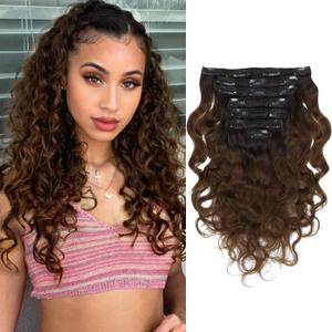 Loxxy Clip in Human Hair Extensions Natural Color Virgin Remy Human Hair Extensions #1B/4 Off Black to Dark Brown with Double Weft 120g/set 7Pcs/lot And 17 Clips Per Pack(18inch Natural Wave)