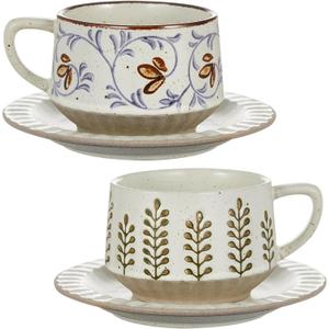 LemonRoad 2 Sets Vintage Tea Cup and Saucer Set Floral Tea Cup with Saucer 10oz Porcelain Vintage Coffee Mugs for Spring Party Birthday Gift Coffee (Leaves and Tang Grass Design)