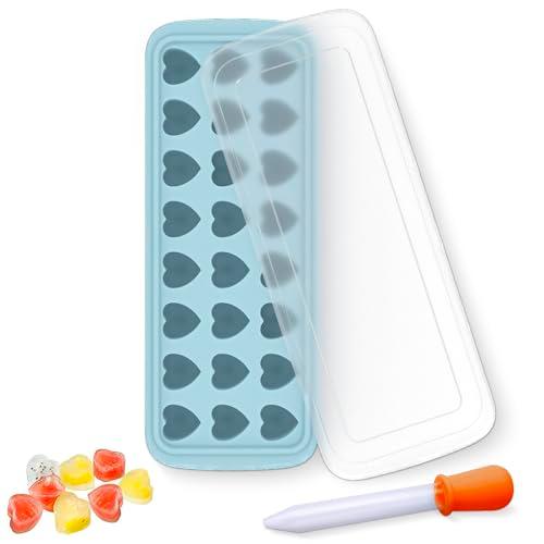 Heart Ice Cube Tray with Lid - Blue Silicone Heart Shaped Ice Cube Trays for Cocktails with Silicone Dropper for Filling - Flexible Material and Heat Resistant