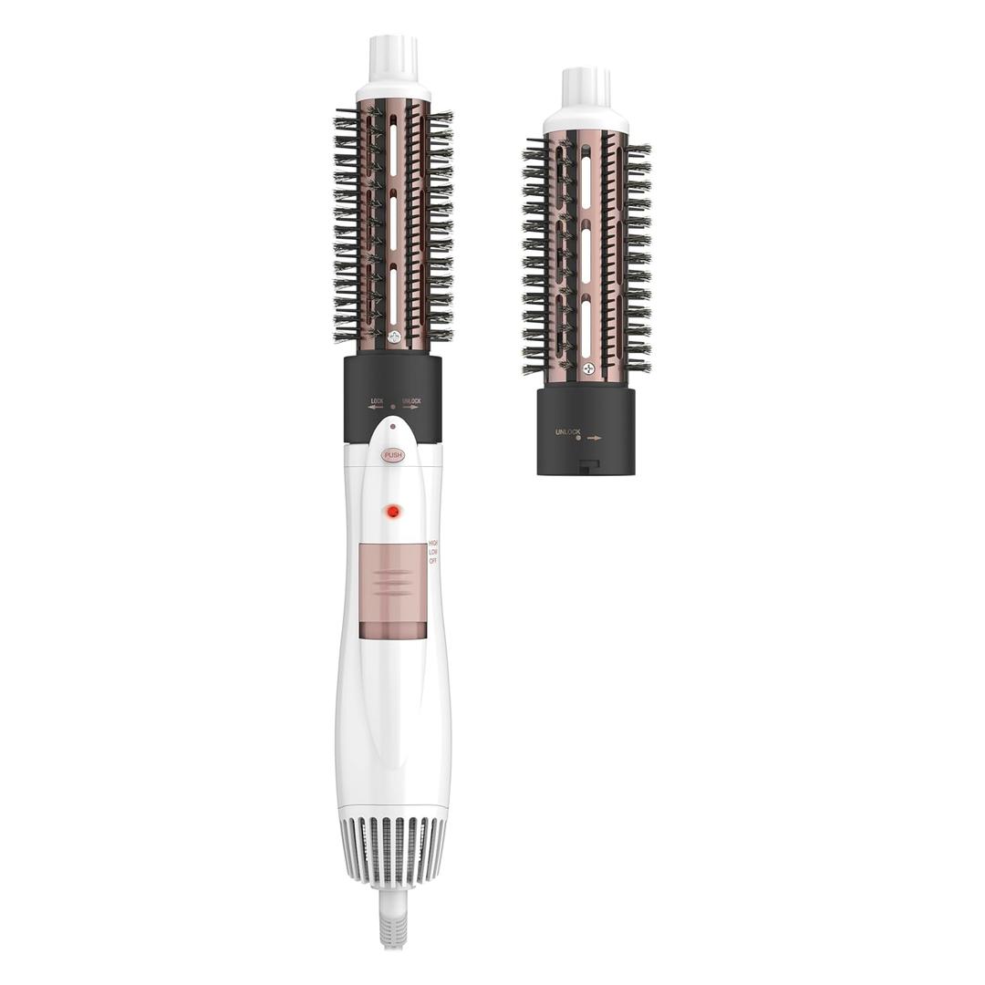 Conair Double Ceramic 2-in-1 Hot Air Brush, 1000W Hair Dryer Brush, Interchangeable 1 and 1 Inch Attachments for Voluminous Curls & Straight Styles, for Fine & Thick Hair, White