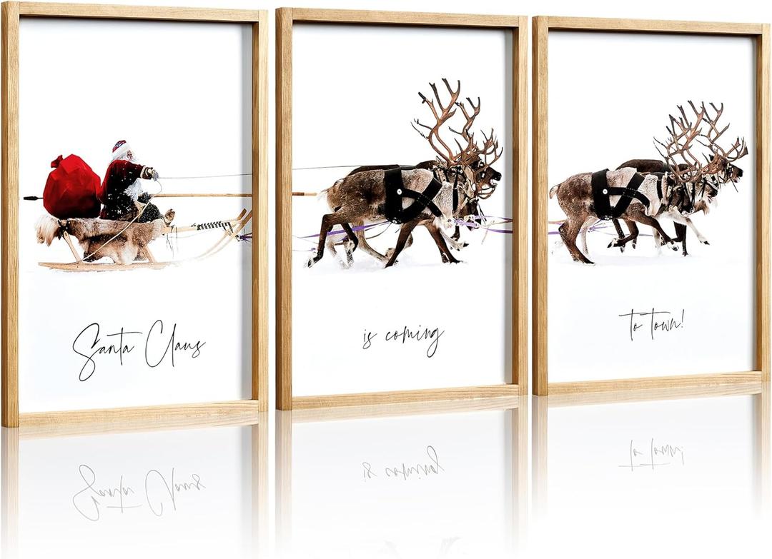 HKBS Framed Christmas Wall Art Decor, Set of 3 Christmas Wall Canvas Prints Pictures Farmhouse Santa Claus Is Coming To Town for Holiday Home Decorations Indoor (12"x16", Burlywood)