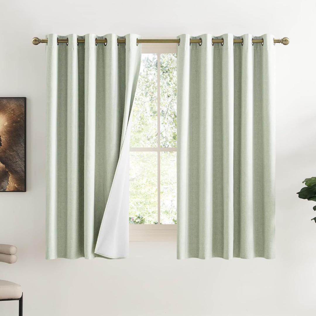 NICETOWN Sage Green Kitchen Linen Completely Shaded Draperies, 2 Pieces, W62 x L63, Privacy Protection & Noise Reducing Ring Top Drapes, White Lined Insulated Window Treatment Curtain Panels