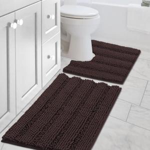 Bathroom Rugs Bath Rug Set 2 Piece Bathroom Contour Rug Toilet Mat Sets Non Slip Contour Bath Rug Set Ultra Thick Water Absorbent Striped Bath Mats Washable (20" x 32" Plus 20" x 20" U, Chocolate)